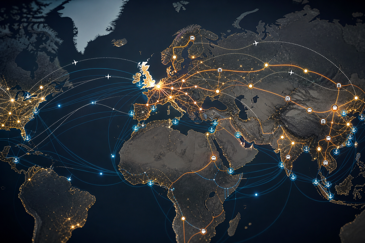 Global Logistics Network Connecting Continents through Freight Routes Global Logistics Network Connecting Continents through Freight Routes