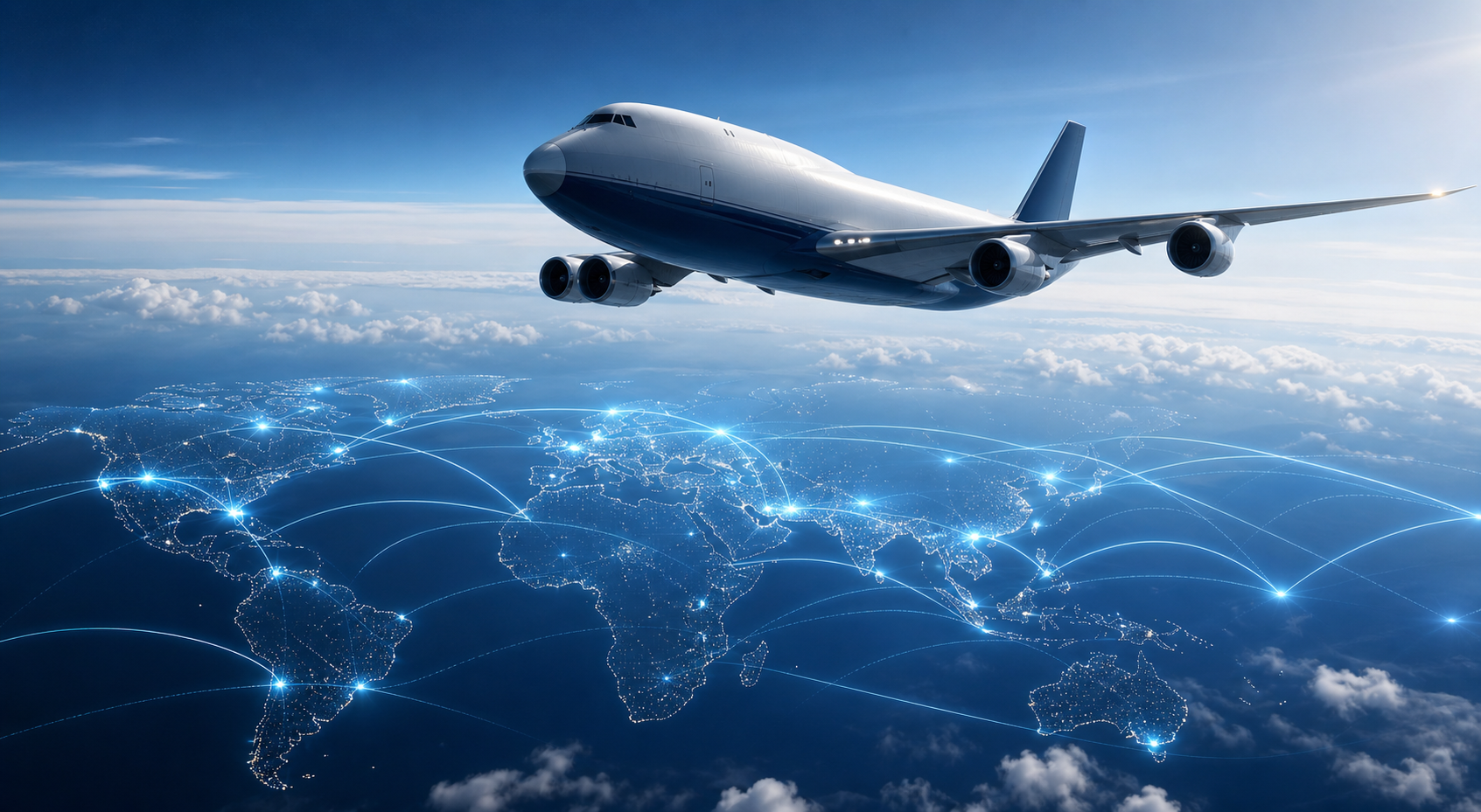 Cargo Aircraft Over Global Map with Glowing Routes Cargo Aircraft Over Global Map with Glowing Routes