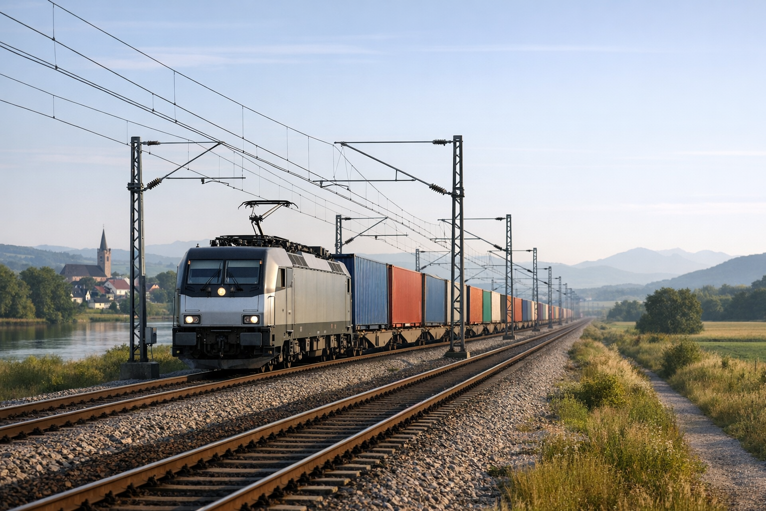 Freight Train Through European Landscape