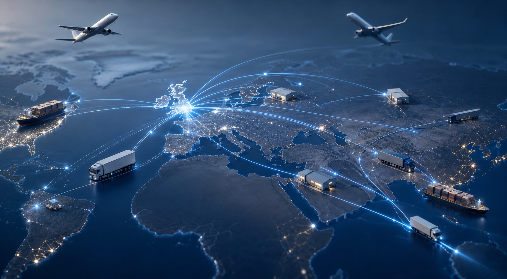 Global Courier Network Connecting UK to World with Glowing Routes Global Courier Network Connecting UK to World with Glowing Routes