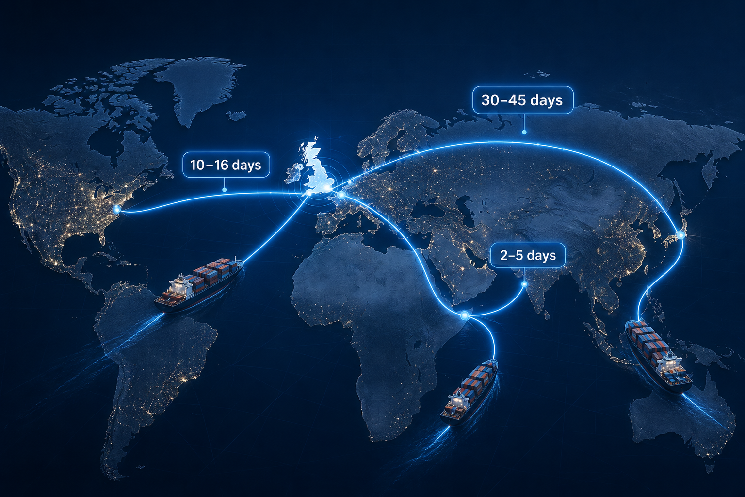 Global Logistics Map with Animated Shipping Routes and Transit Times