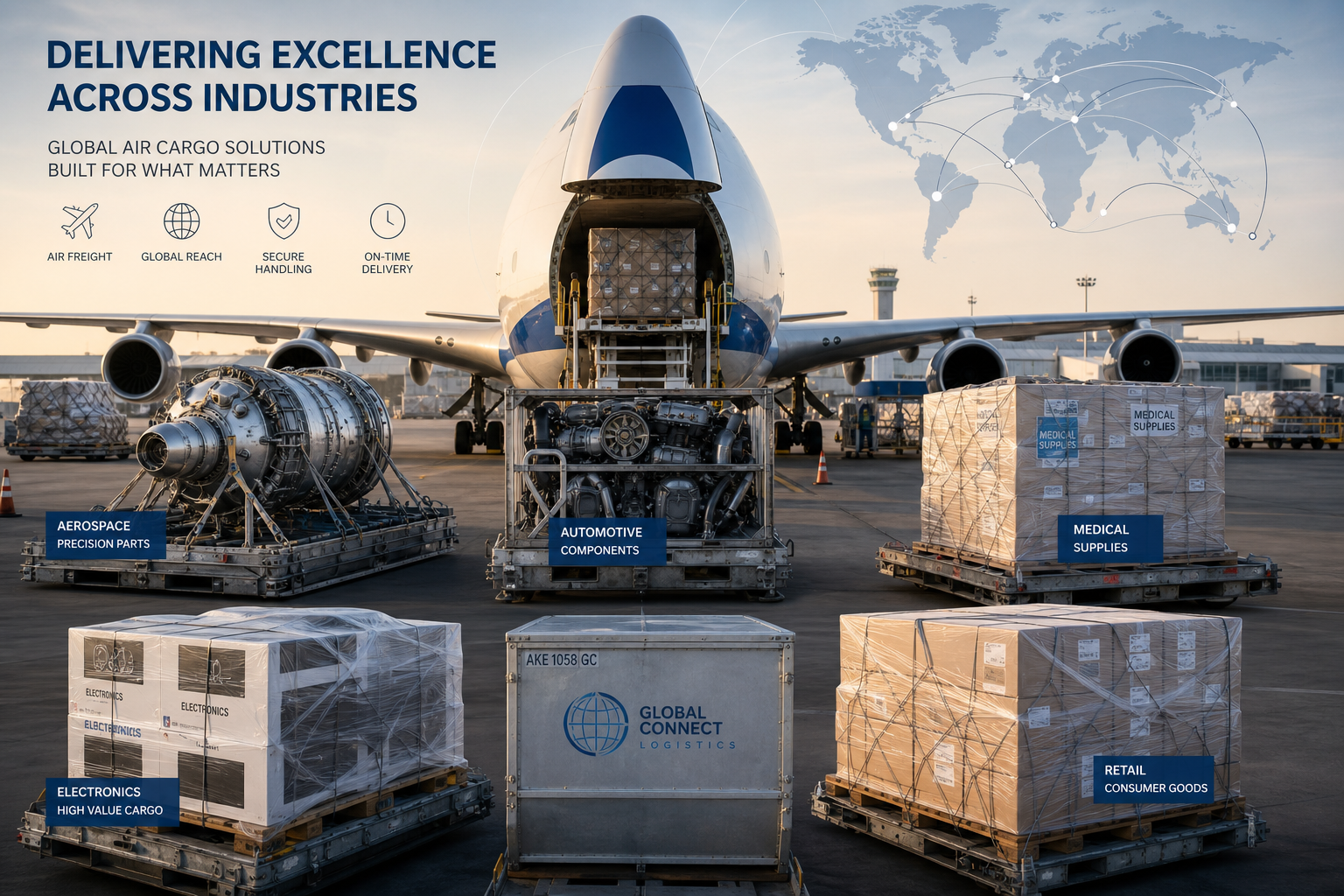 Global Supply Chain Collage with Diverse Goods and Aircraft Global Supply Chain Collage with Diverse Goods and Aircraft