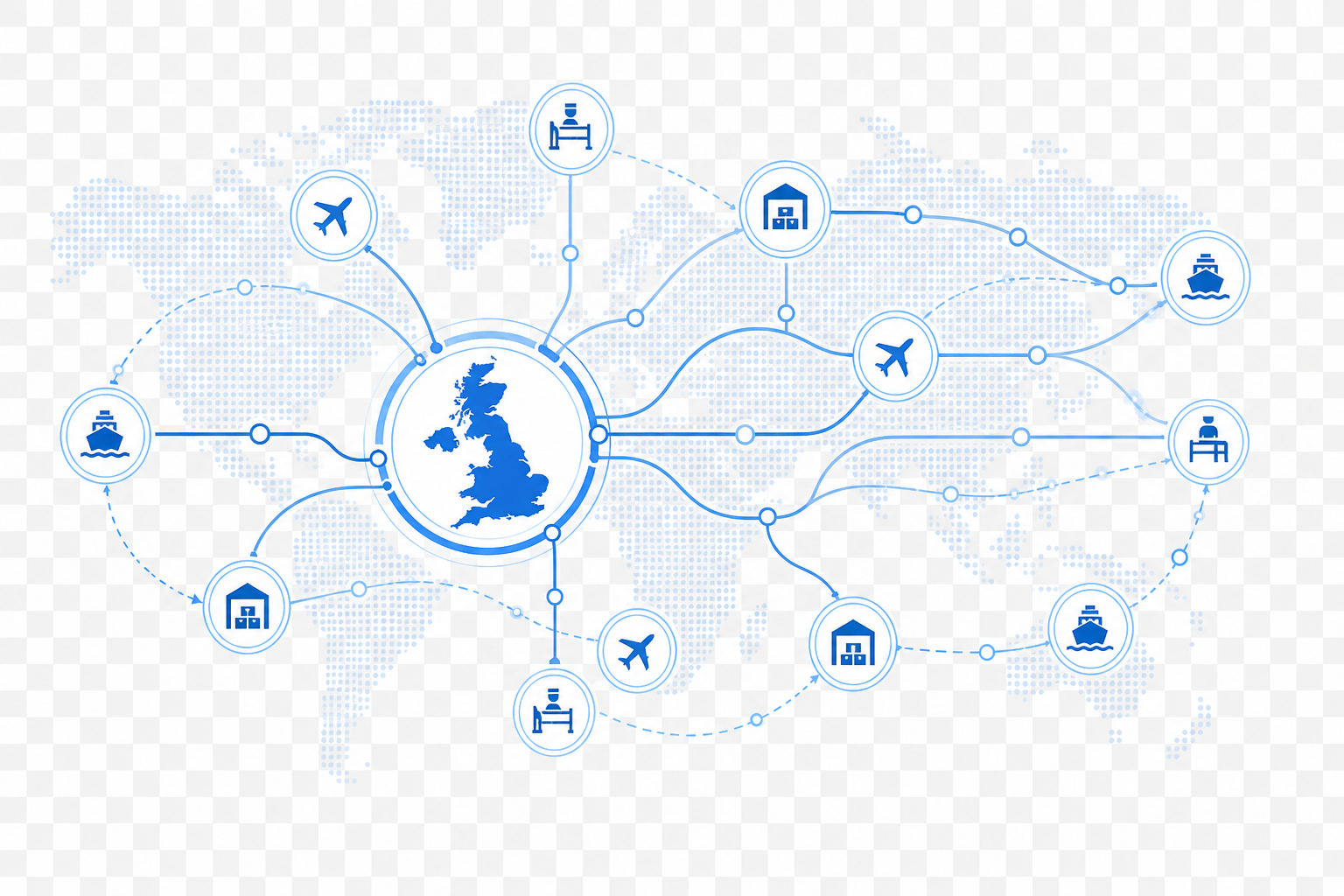 Global Supply Chain Network with UK Hub and International Trade Routes