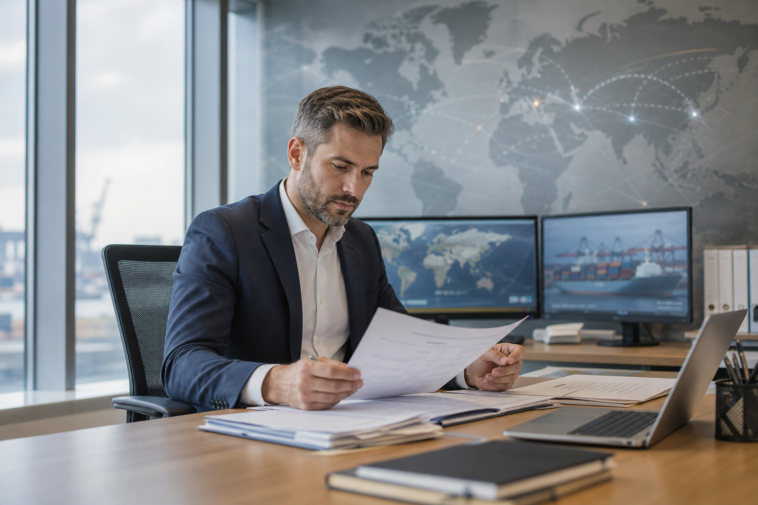 Logistics Consultant Reviewing Customs Documents on Modern Desk Logistics Consultant Reviewing Customs Documents on Modern Desk