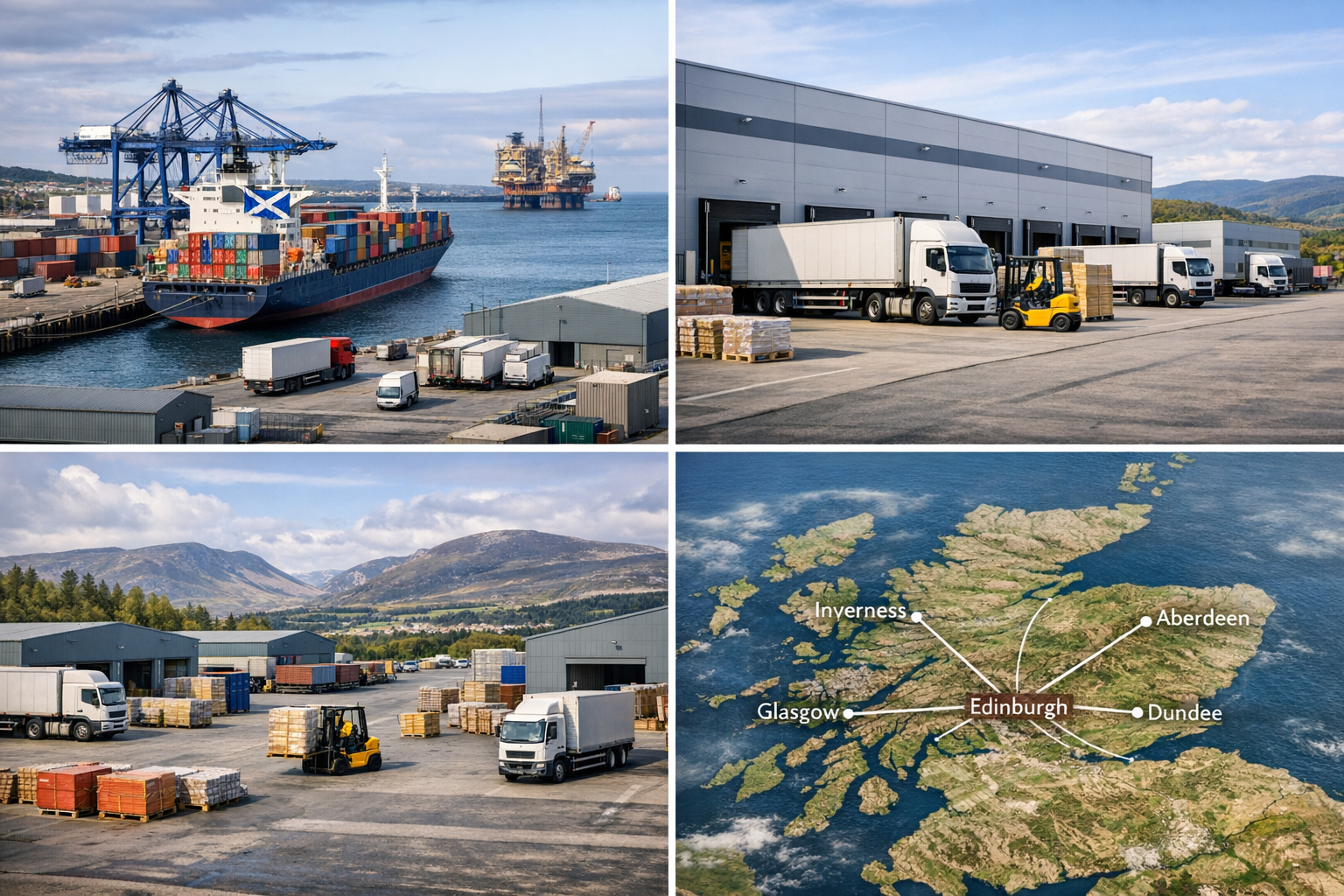 Scottish Port with Container Vessel and Distribution Lines