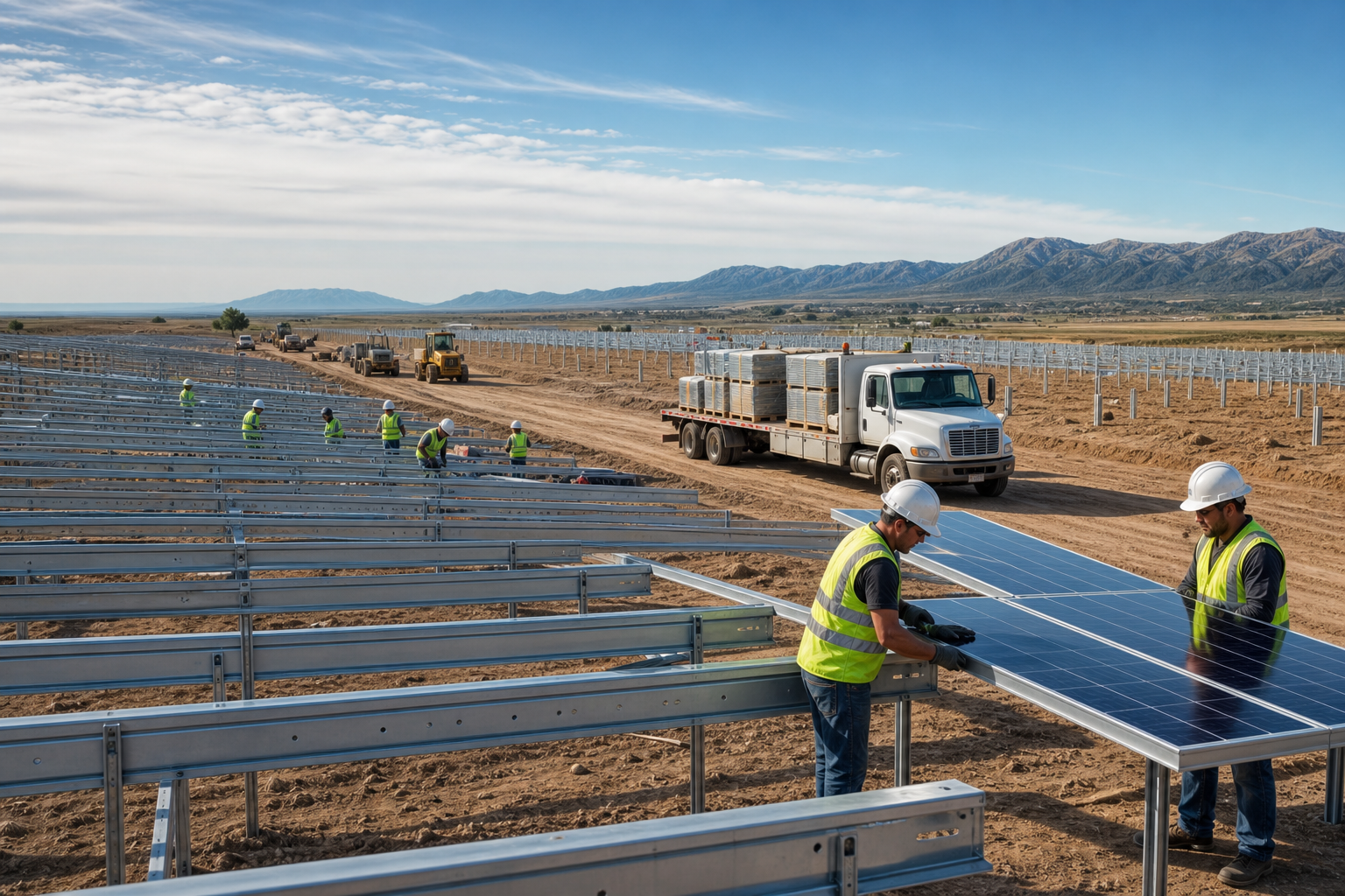 Solar Farm Construction with Workers and Trucks