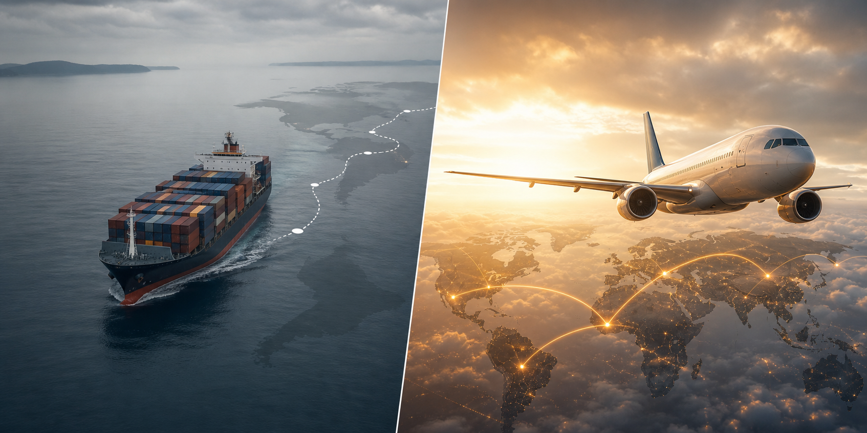 Split Screen Ocean Freight vs Fast Cargo Aircraft Split Screen Ocean Freight vs Fast Cargo Aircraft