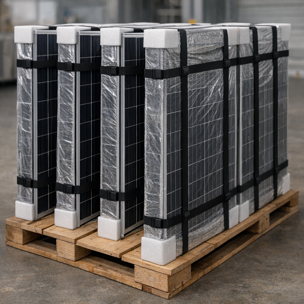 Stacked Solar Panels in Reinforced Packaging