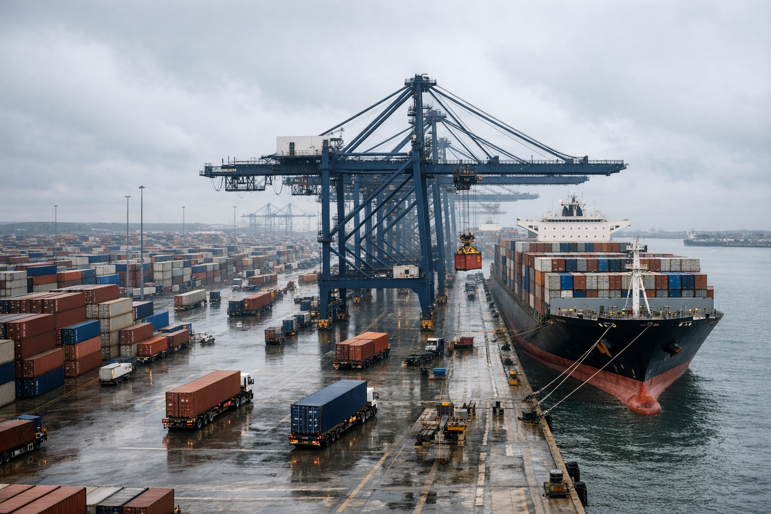 UK Container Port with Cargo Ships and Cranes