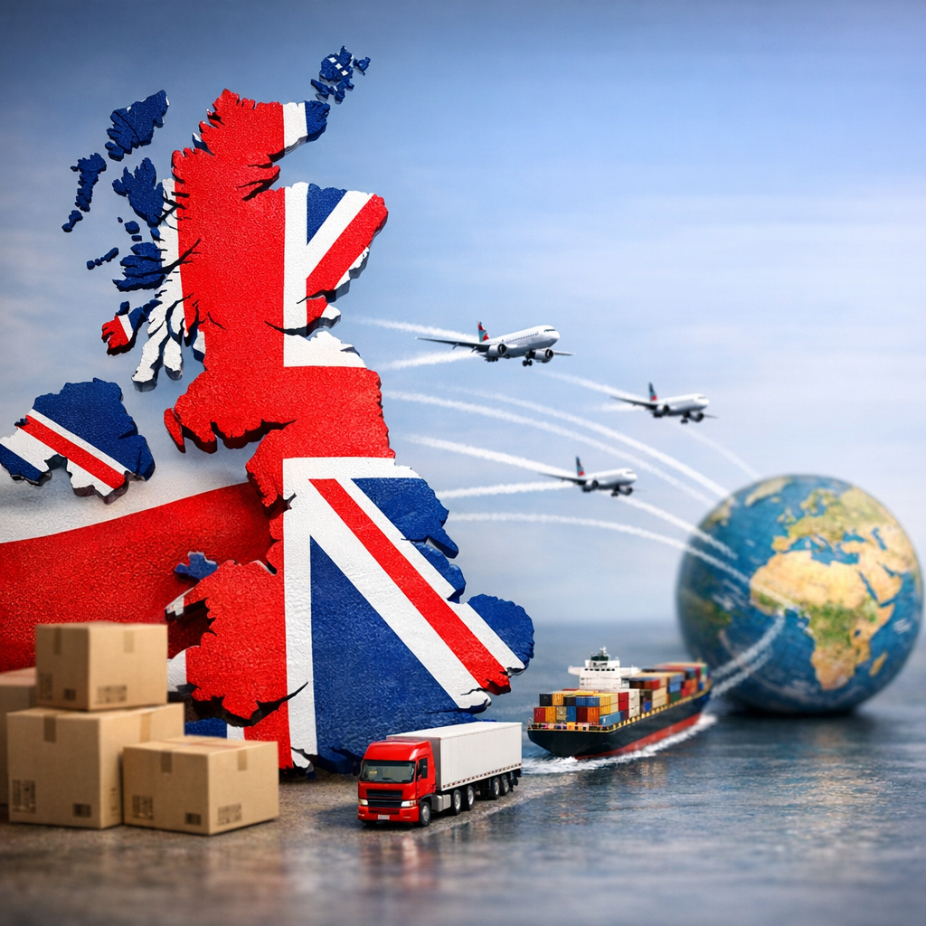 UK Flag Colored Globe with Global Shipping Network-1