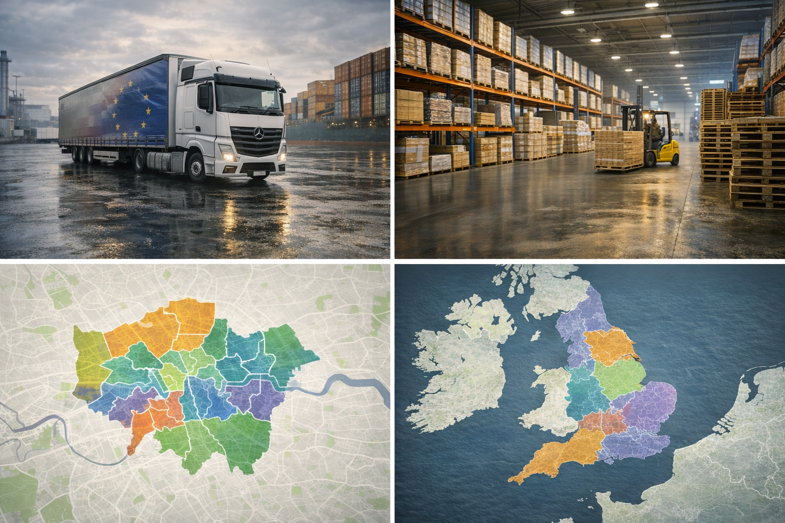 UK Forklift in London Warehouse with Europa Flag and Zone Maps