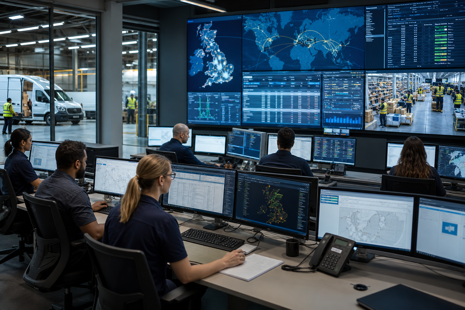 UK Logistics Control Centre with Digital Shipment Tracking and Global Network Vi