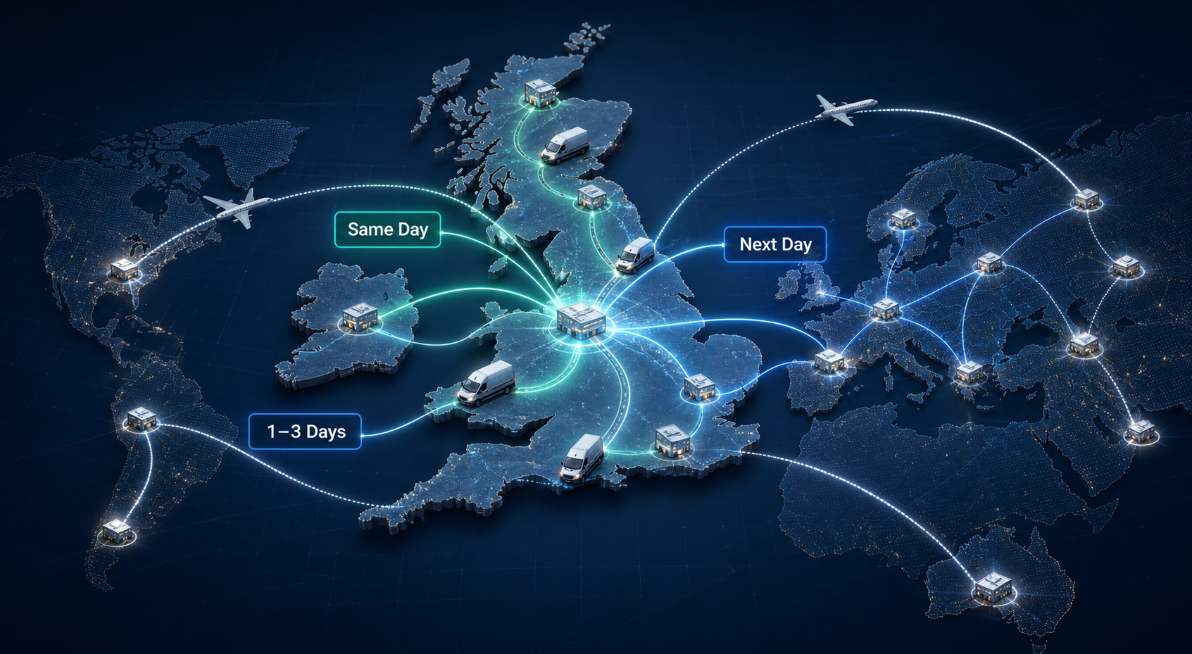 UK Logistics Dashboard with Glowing Route Lines and Time Indicators UK Logistics Dashboard with Glowing Route Lines and Time Indicators